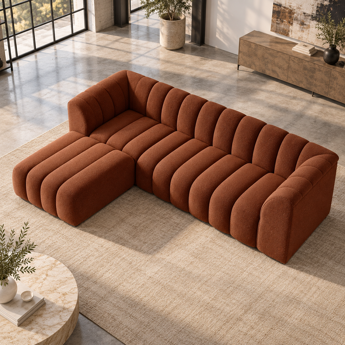 3 Seater Channel Tufted Sofa with Footstool in Burnt Orange Chenille