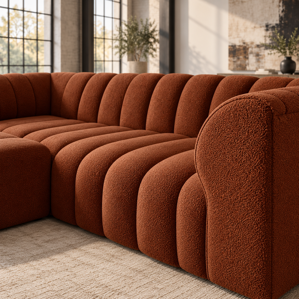 3 Seater Channel Tufted Sofa with Footstool in Burnt Orange Chenille