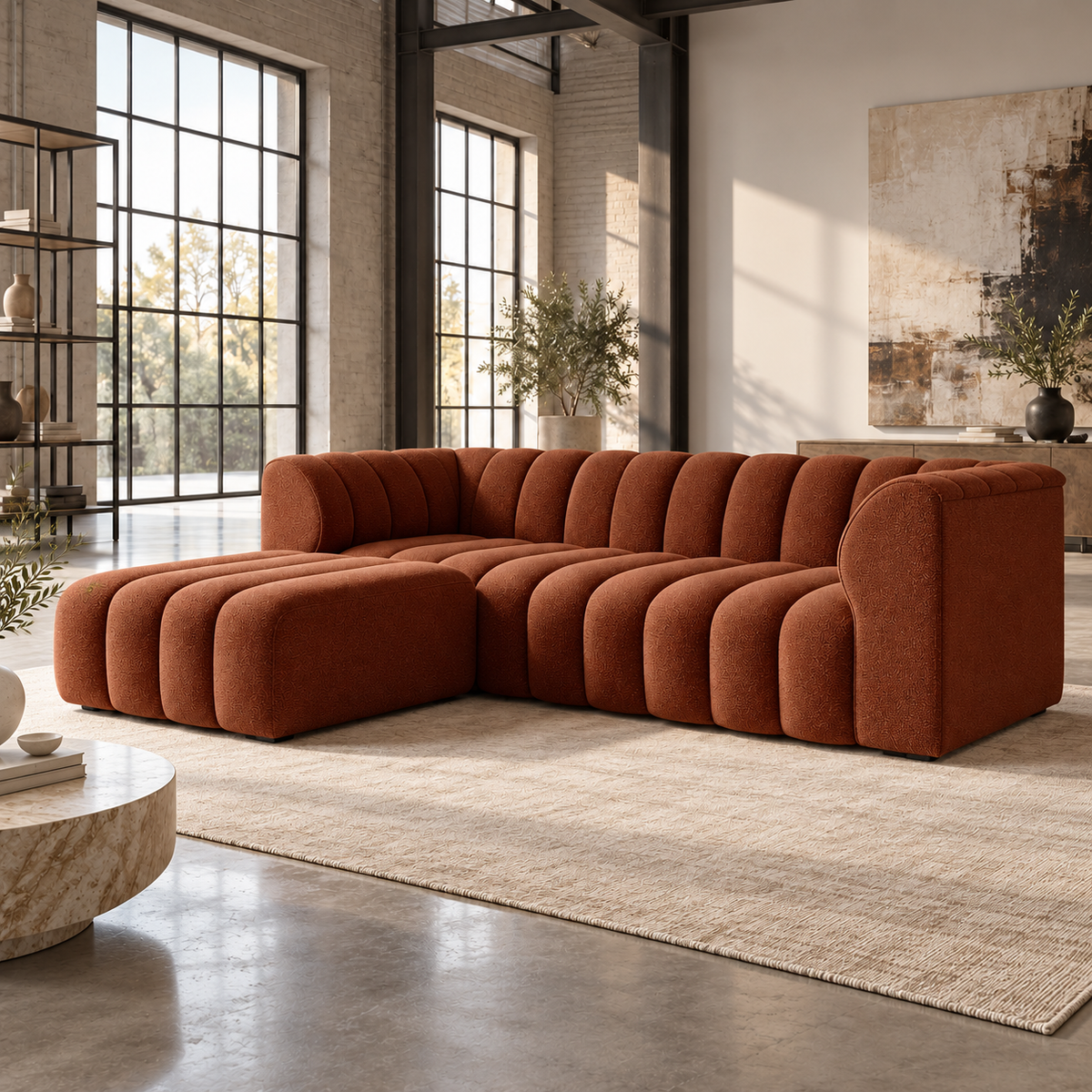 3 Seater Channel Tufted Sofa with Footstool in Burnt Orange Chenille