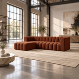 3 Seater Channel Tufted Sofa with Footstool in Burnt Orange Chenille