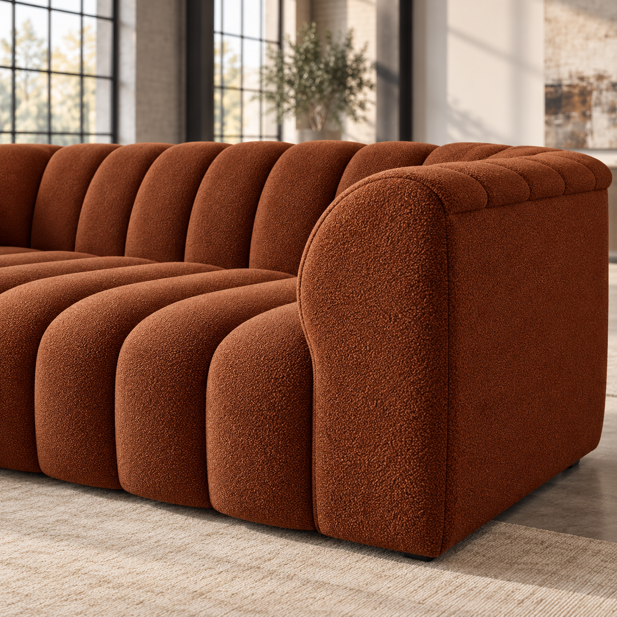 3 Seater Channel Tufted Sofa with Footstool in Burnt Orange Chenille