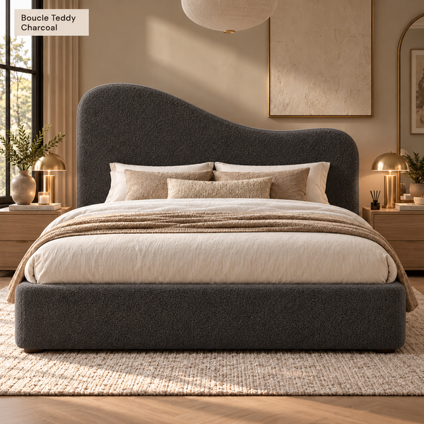 Teddy Boucle Ottoman Bed with Curved Wave Headboard, Selah, Exclusive British Handmade