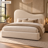 Teddy Boucle Ottoman Bed with Curved Wave Headboard, Selah, Exclusive British Handmade