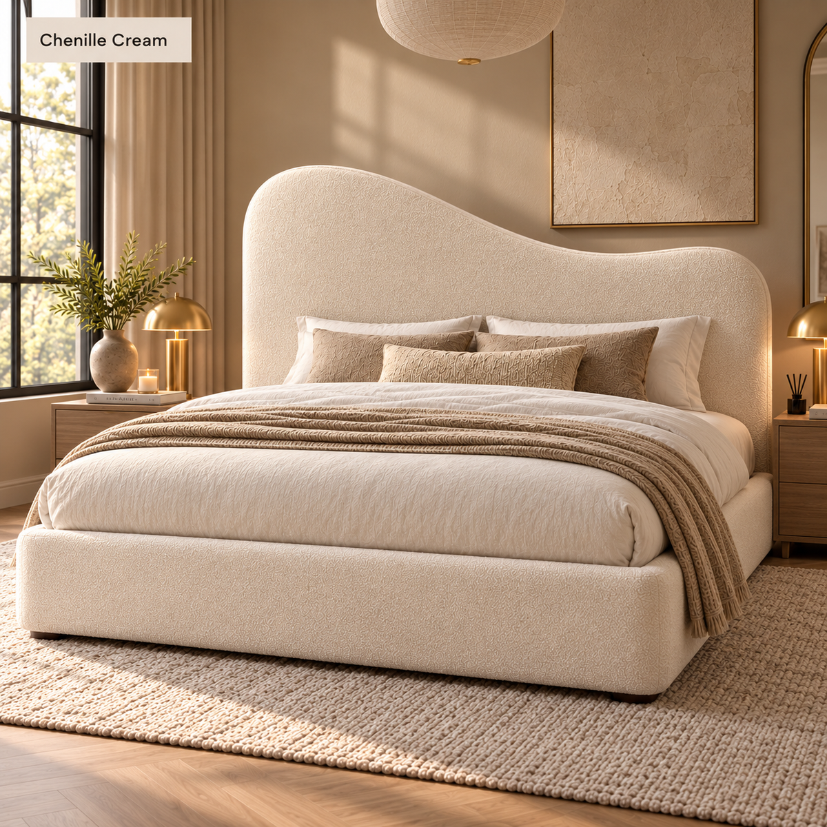 Teddy Boucle Ottoman Bed with Curved Wave Headboard, Selah, Exclusive British Handmade