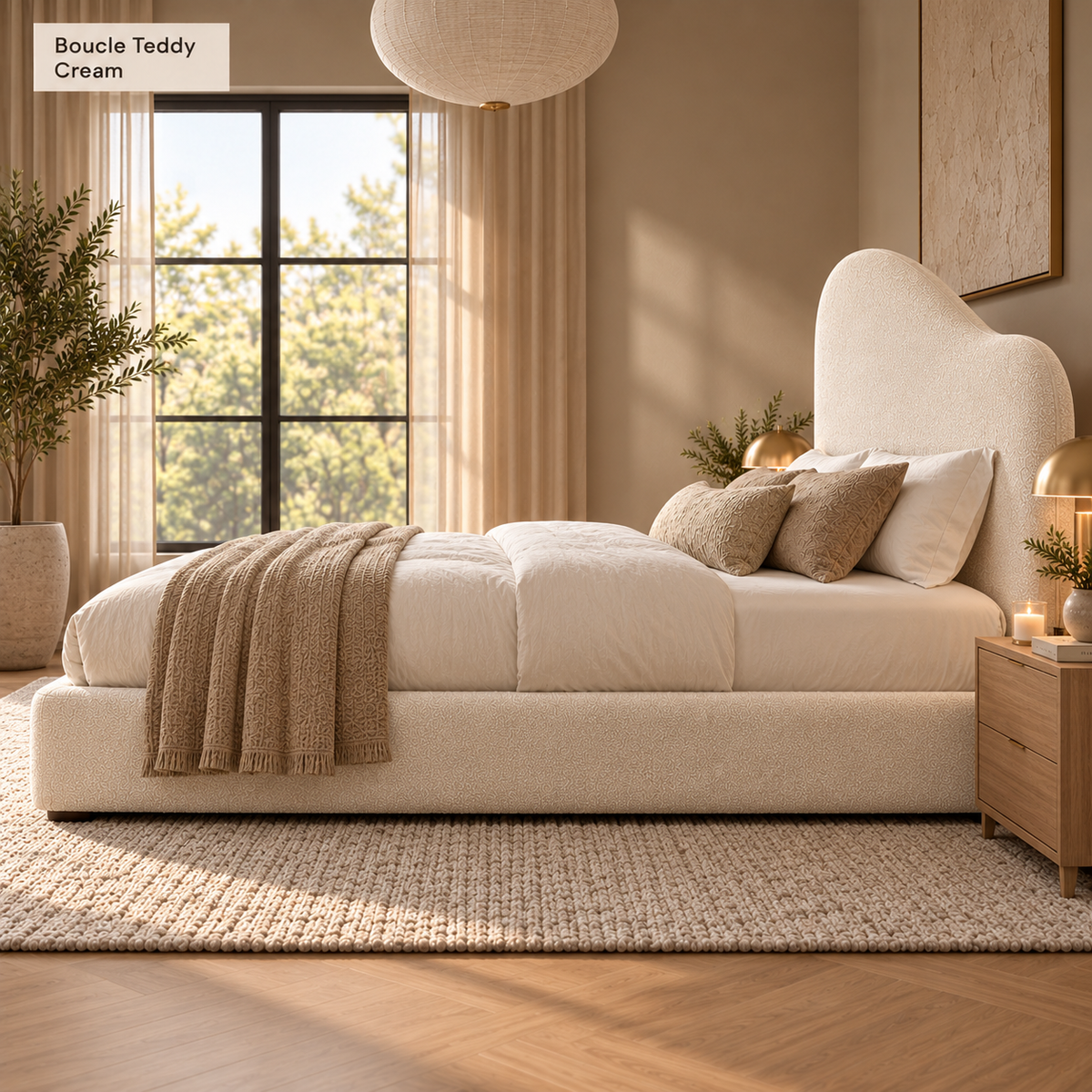 Teddy Boucle Ottoman Bed with Curved Wave Headboard, Selah, Exclusive British Handmade