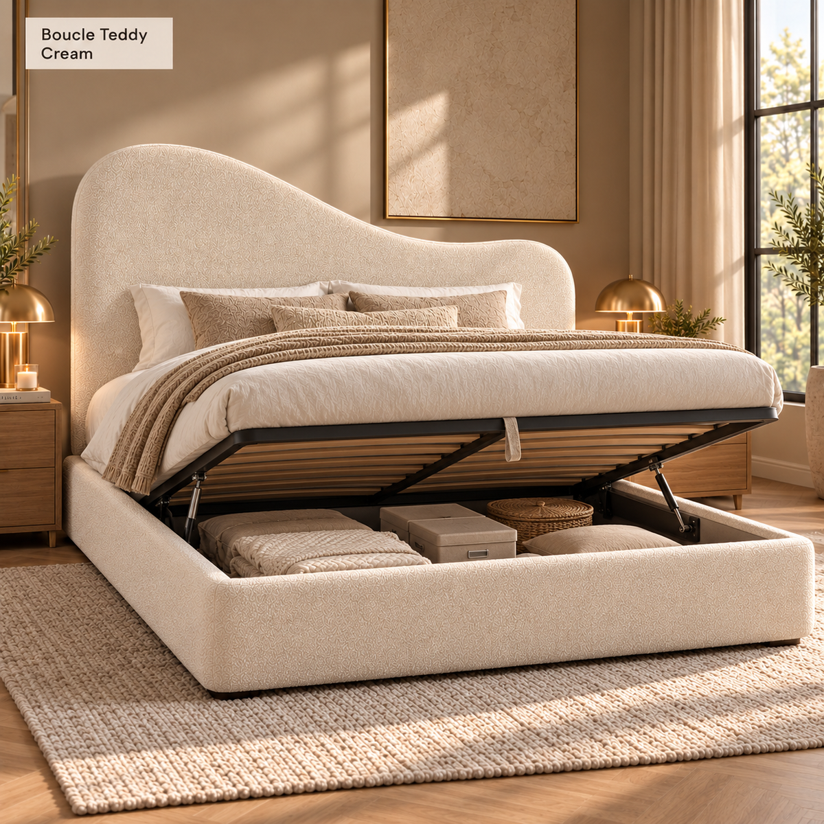 Teddy Boucle Ottoman Bed with Curved Wave Headboard, Selah, Exclusive British Handmade