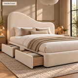 Teddy Boucle Ottoman Bed with Curved Wave Headboard, Selah, Exclusive British Handmade