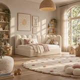 Kids Corner Nook Bed in Boucle Teddy Cream with Scalloped L-Shaped Headboard