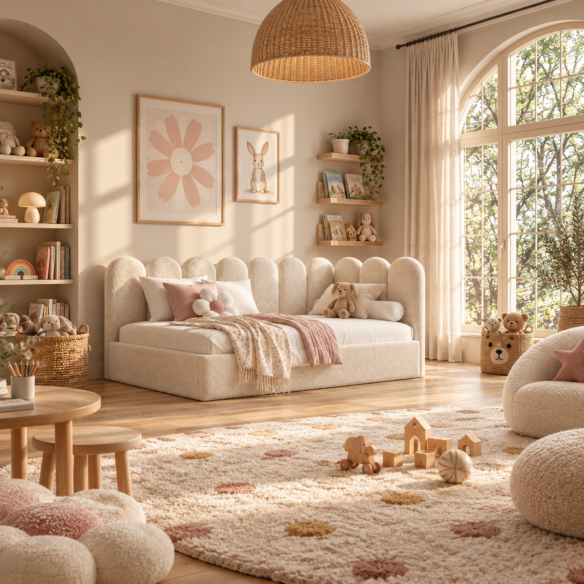 Kids Corner Nook Bed in Boucle Teddy Cream with Scalloped L-Shaped Headboard