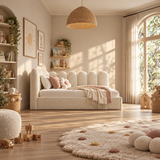 Kids Corner Nook Bed in Boucle Teddy Cream with Scalloped L-Shaped Headboard