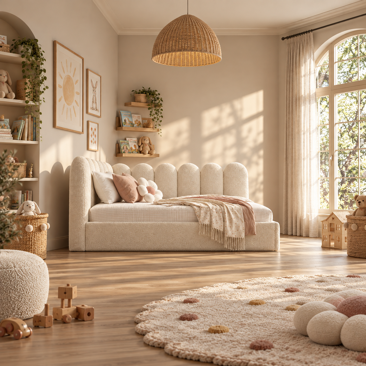 Kids Corner Nook Bed in Boucle Teddy Cream with Scalloped L-Shaped Headboard