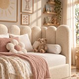 Kids Corner Nook Bed in Boucle Teddy Cream with Scalloped L-Shaped Headboard