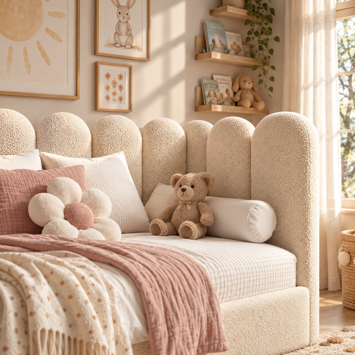 Kids Corner Nook Bed in Boucle Teddy Cream with Scalloped L-Shaped Headboard