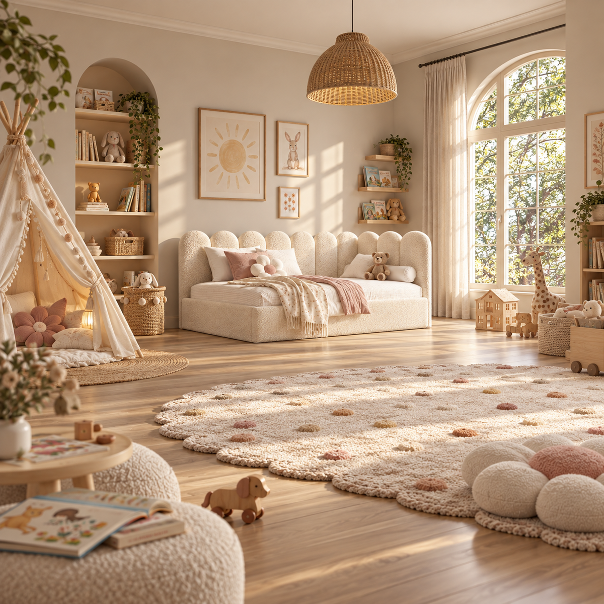 Kids Corner Nook Bed in Boucle Teddy Cream with Scalloped L-Shaped Headboard
