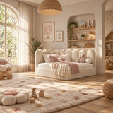 Kids Corner Nook Bed in Boucle Teddy Cream with Scalloped L-Shaped Headboard