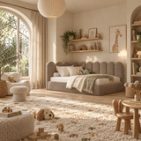 Kids Corner Nook Bed in Boucle Teddy Mink with Scalloped L-Shaped Headboard