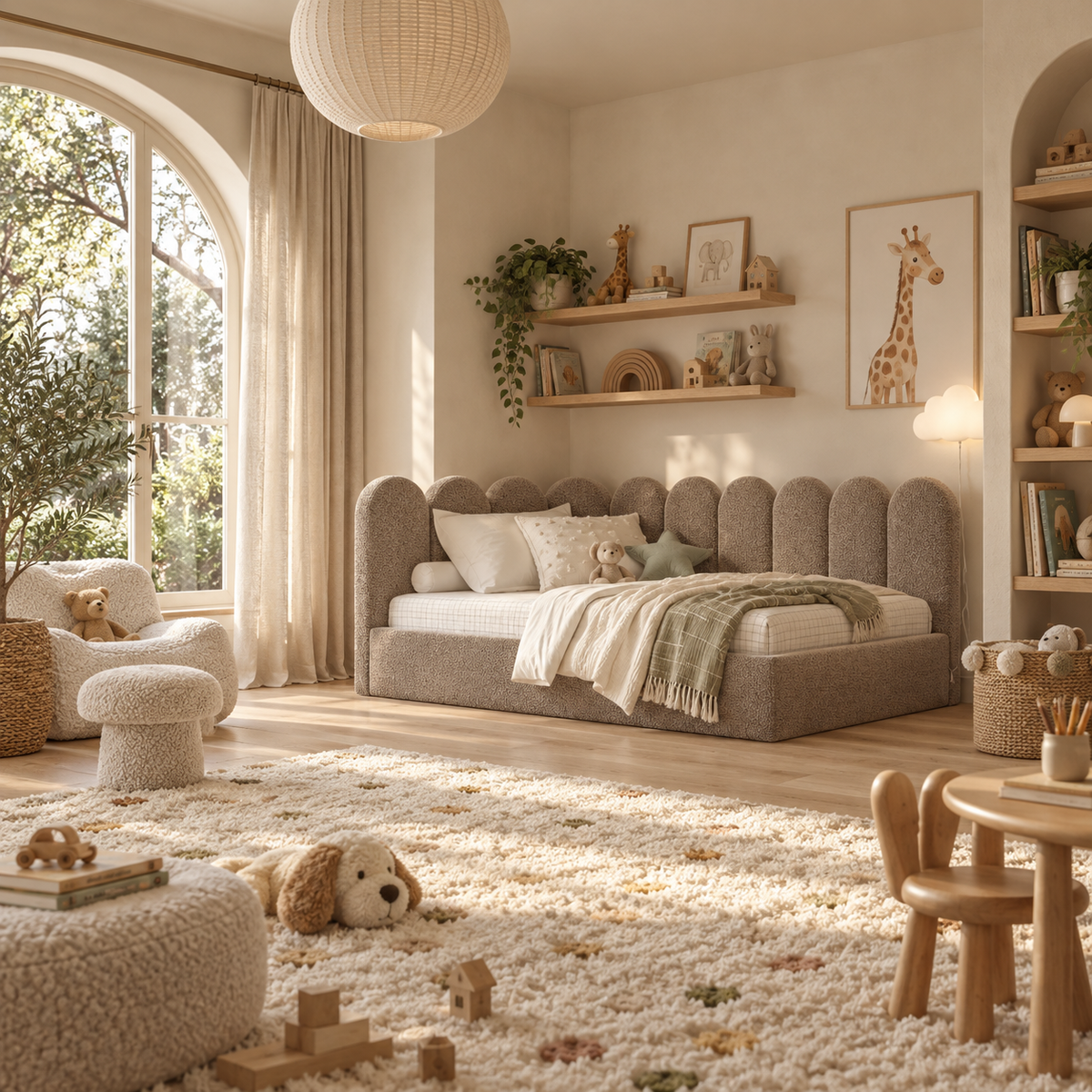 Kids Corner Nook Bed in Boucle Teddy Mink with Scalloped L-Shaped Headboard