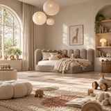 Kids Corner Nook Bed in Boucle Teddy Mink with Scalloped L-Shaped Headboard