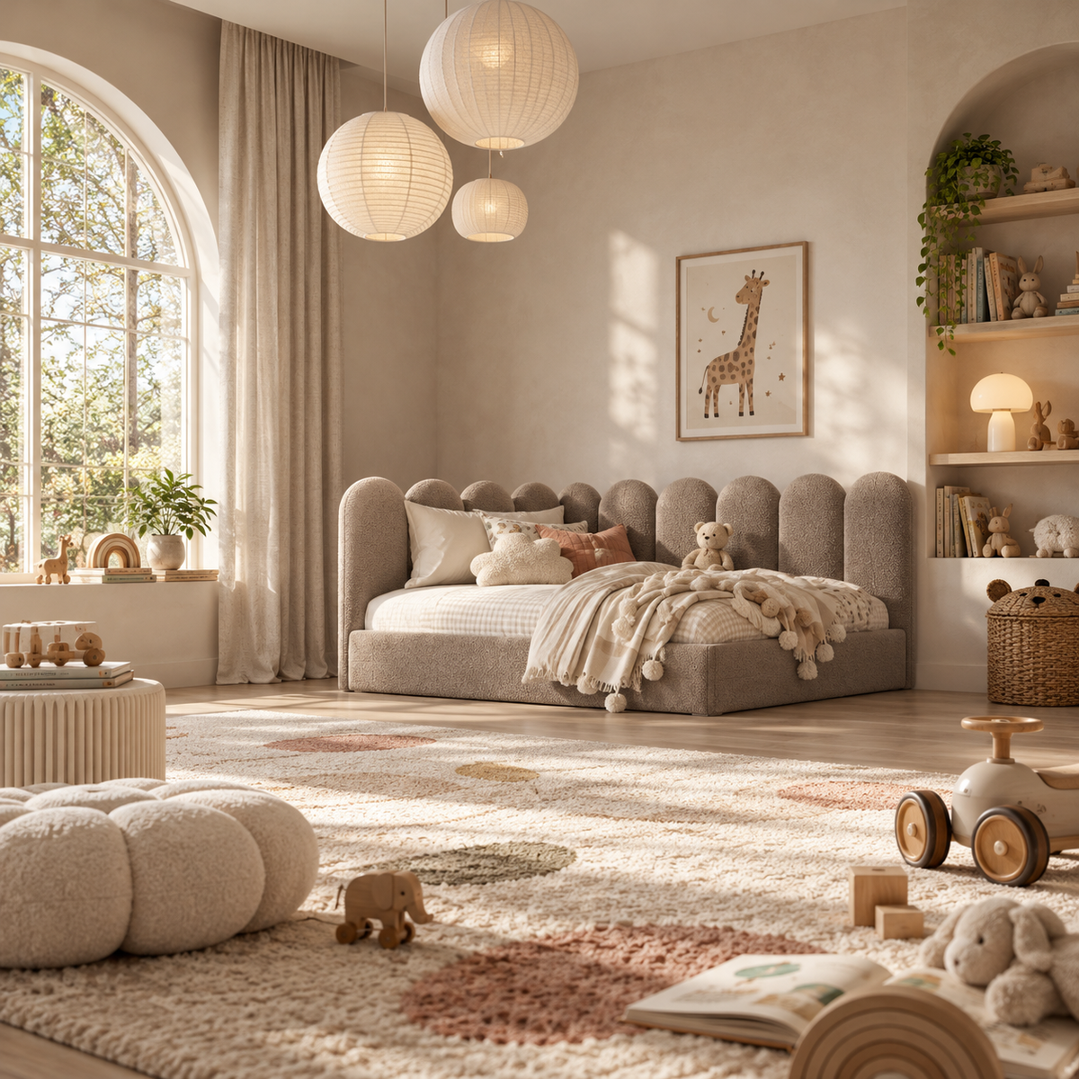 Kids Corner Nook Bed in Boucle Teddy Mink with Scalloped L-Shaped Headboard