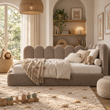 Kids Corner Nook Bed in Boucle Teddy Mink with Scalloped L-Shaped Headboard