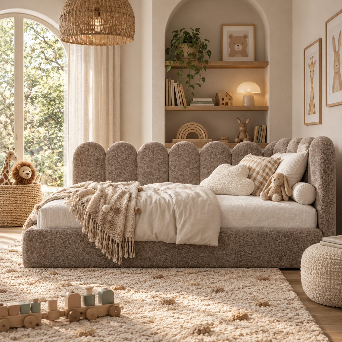 Kids Corner Nook Bed in Boucle Teddy Mink with Scalloped L-Shaped Headboard