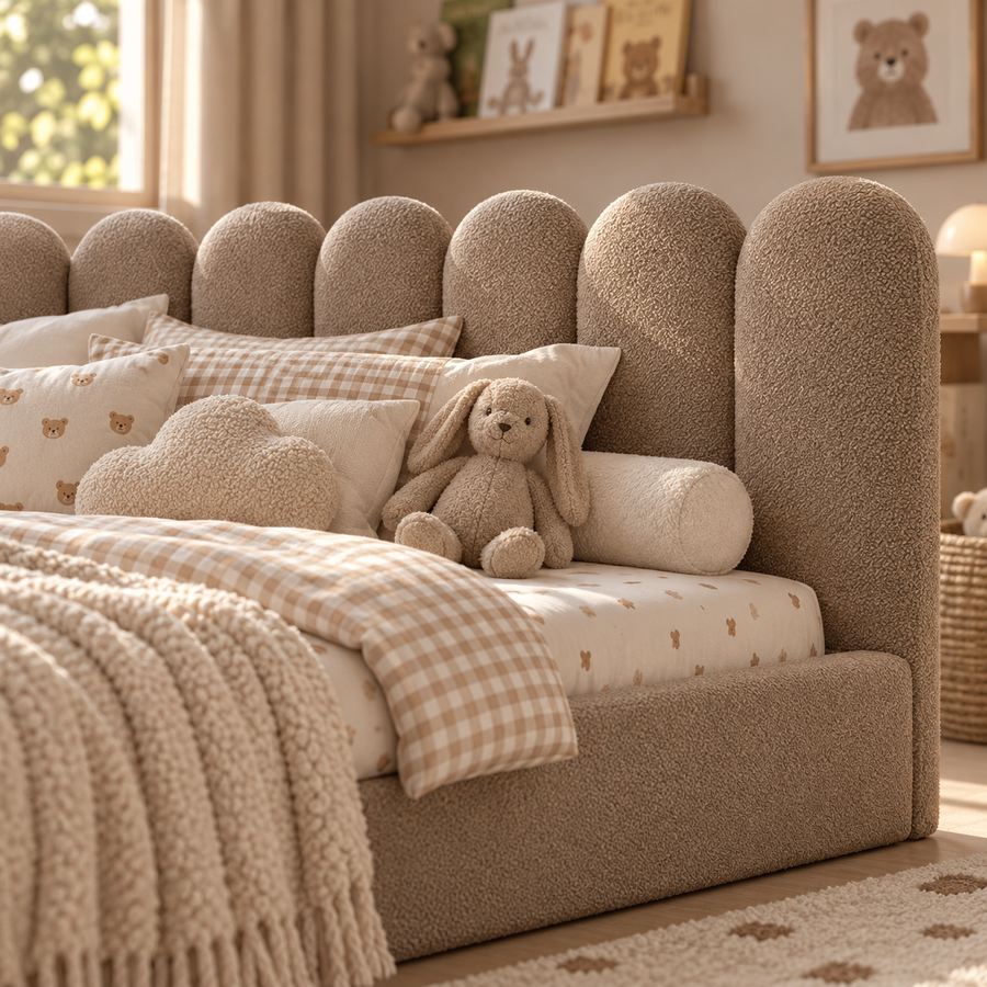 Kids Corner Nook Bed in Boucle Teddy Mink with Scalloped L-Shaped Headboard