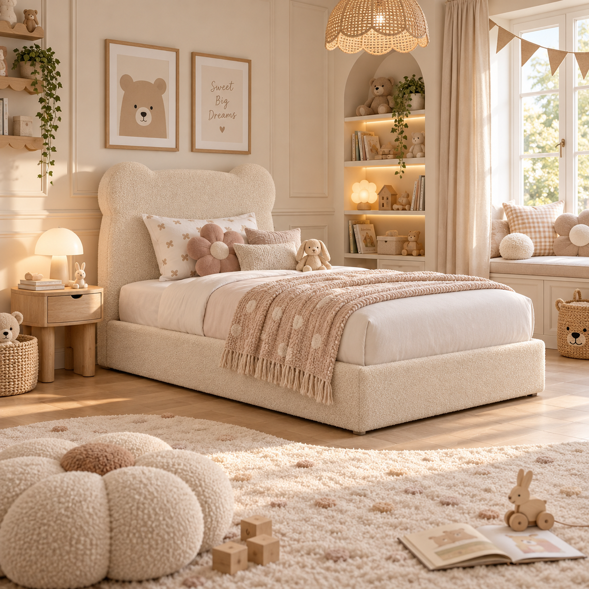 Kids Teddy Bear Divan Bed in Boucle Teddy Cream with Optional Side Drawers