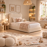 Kids Teddy Bear Divan Bed in Boucle Teddy Cream with Optional Side Drawers