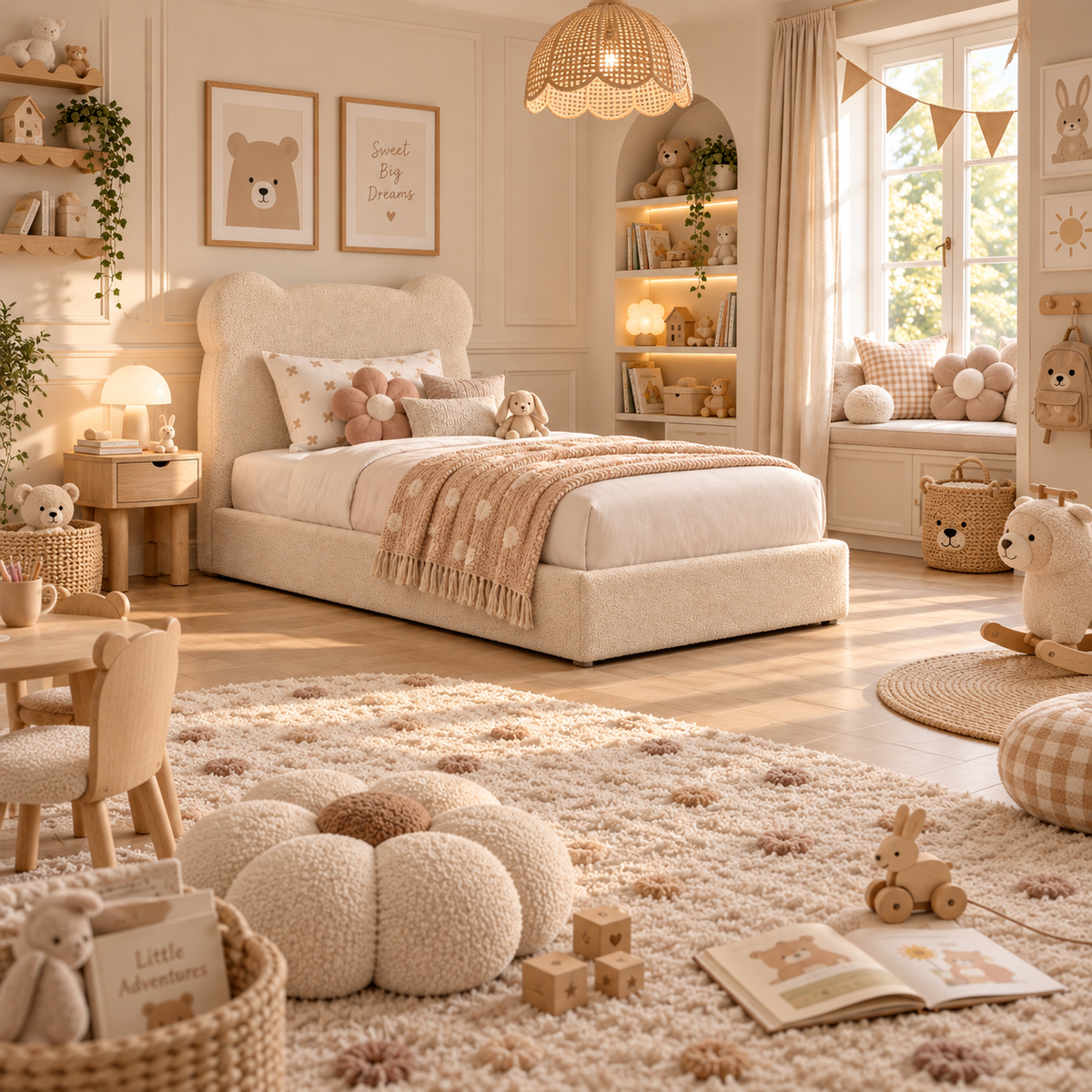 Kids Teddy Bear Divan Bed in Boucle Teddy Cream with Optional Side Drawers