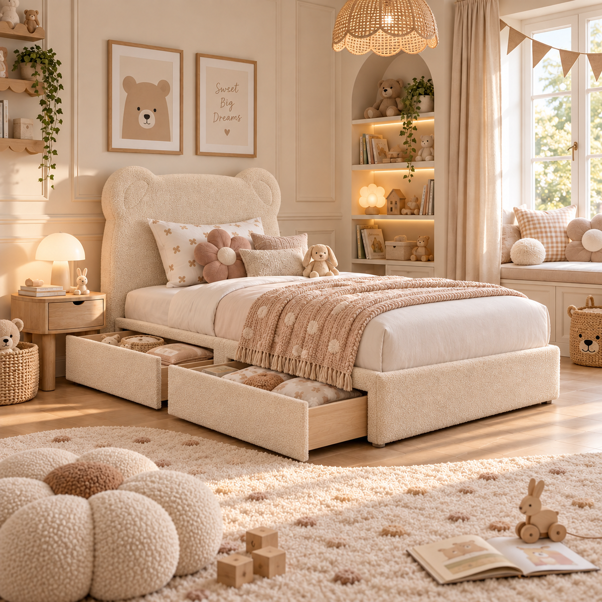 Kids Teddy Bear Divan Bed in Boucle Teddy Cream with Optional Side Drawers