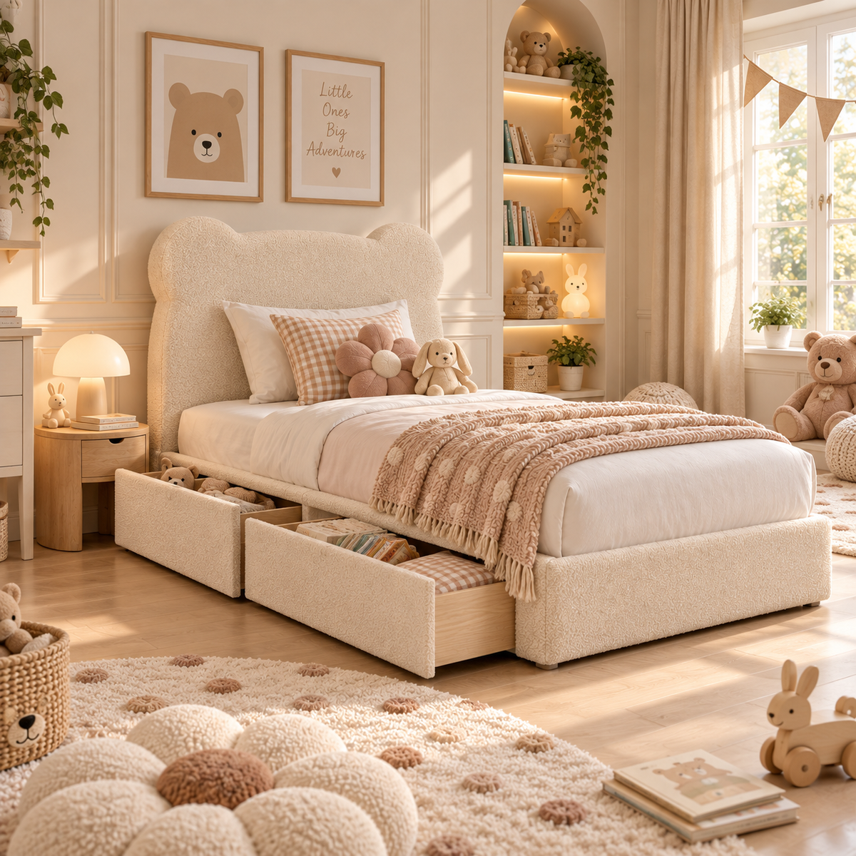 Kids Teddy Bear Divan Bed in Boucle Teddy Cream with Optional Side Drawers