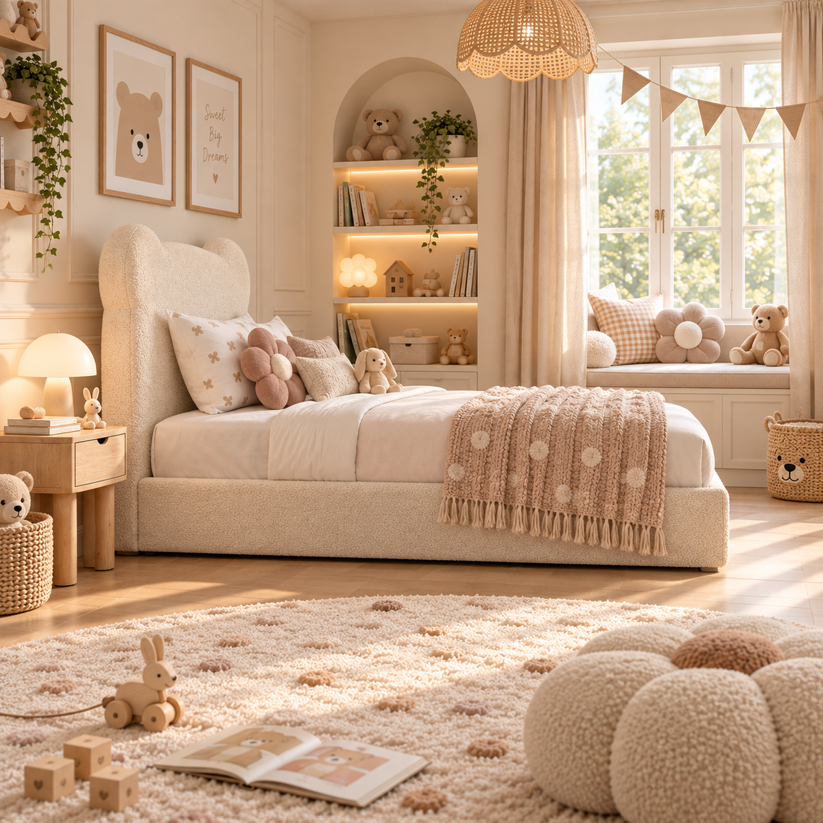 Kids Teddy Bear Divan Bed in Boucle Teddy Cream with Optional Side Drawers