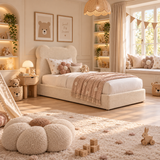Kids Teddy Bear Divan Bed in Boucle Teddy Cream with Optional Side Drawers