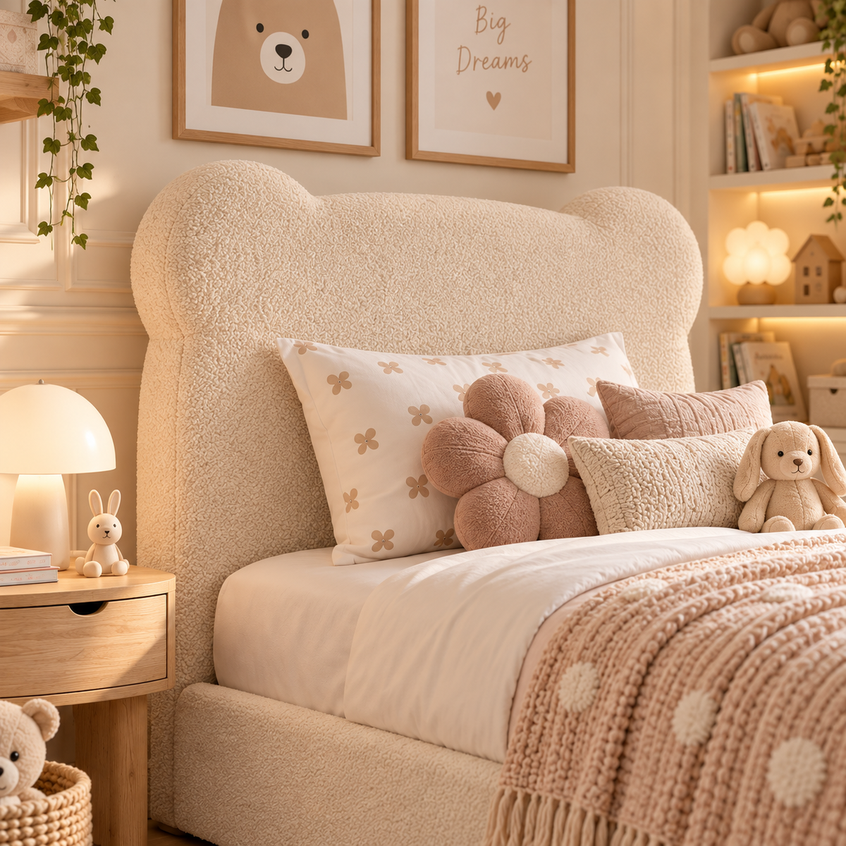 Kids Teddy Bear Divan Bed in Boucle Teddy Cream with Optional Side Drawers