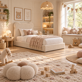 Kids Teddy Bear Divan Bed in Boucle Teddy Cream with Optional Side Drawers