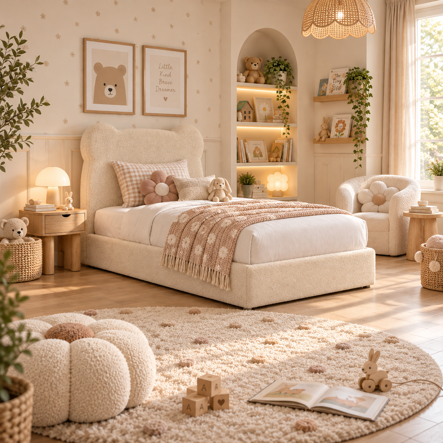 Kids Teddy Bear Divan Bed in Boucle Teddy Cream with Optional Side Drawers