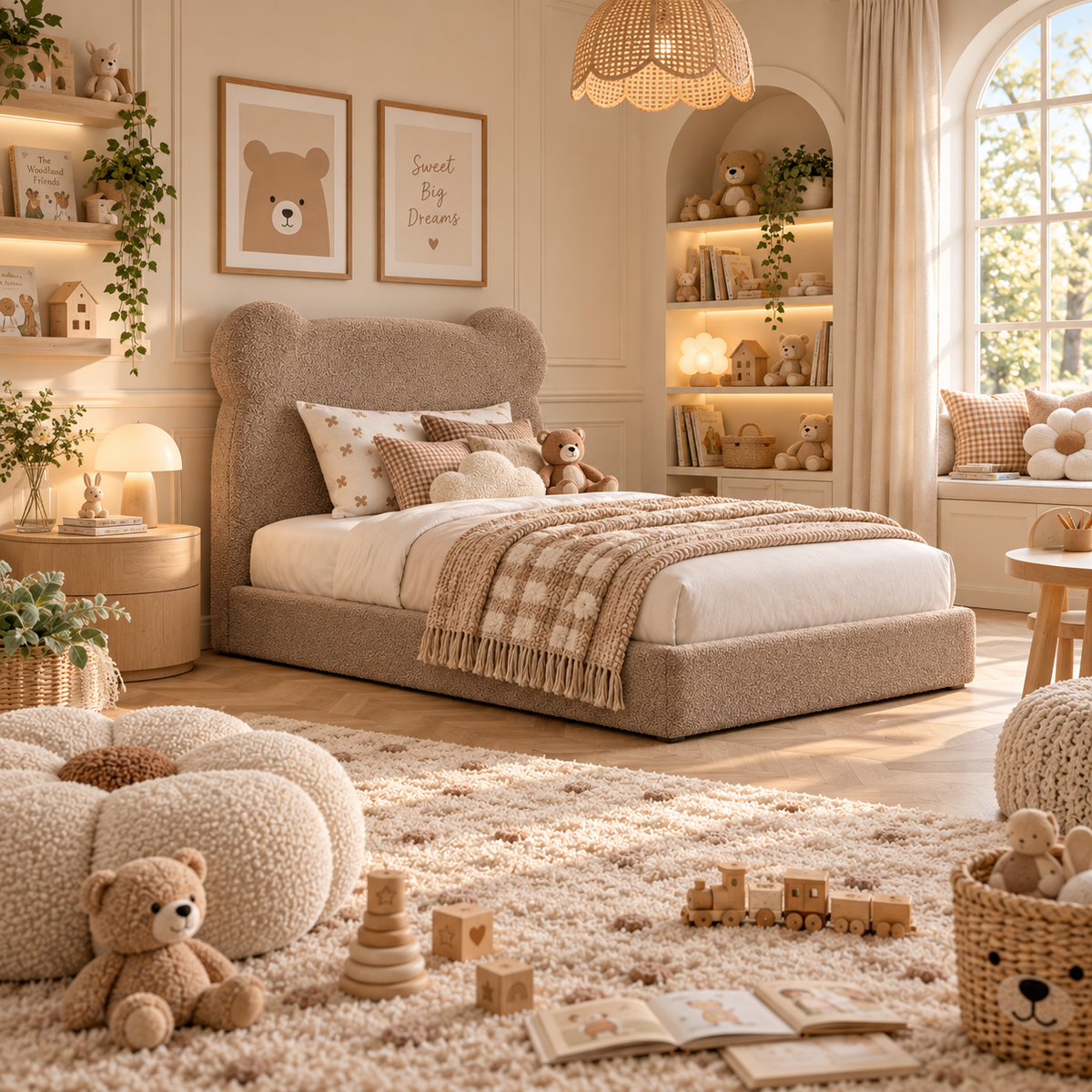 Kids Teddy Bear Divan Bed in Boucle Teddy Mink with Optional Side Drawers