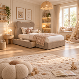 Kids Teddy Bear Divan Bed in Boucle Teddy Mink with Optional Side Drawers