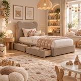 Kids Teddy Bear Divan Bed in Boucle Teddy Mink with Optional Side Drawers