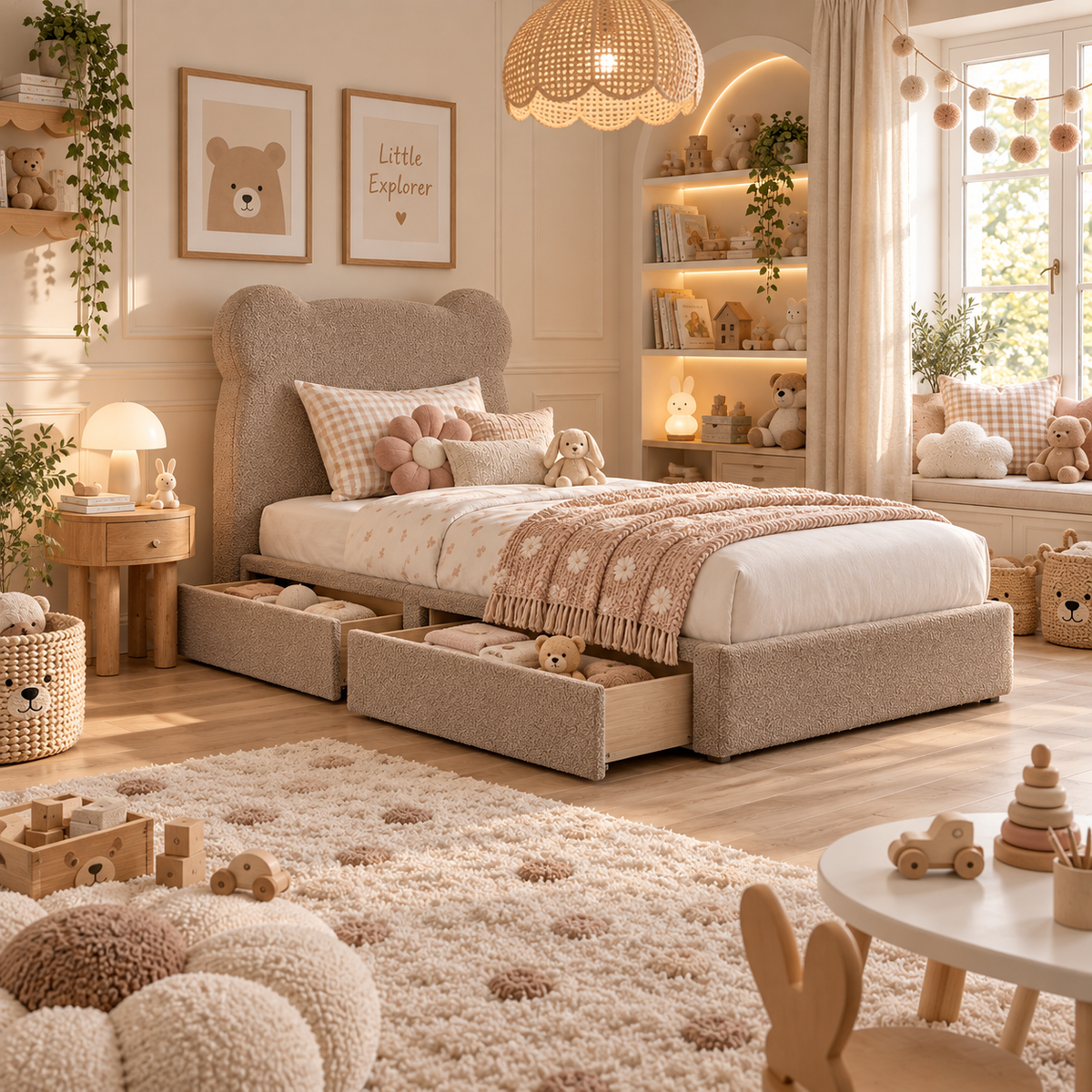 Kids Teddy Bear Divan Bed in Boucle Teddy Mink with Optional Side Drawers
