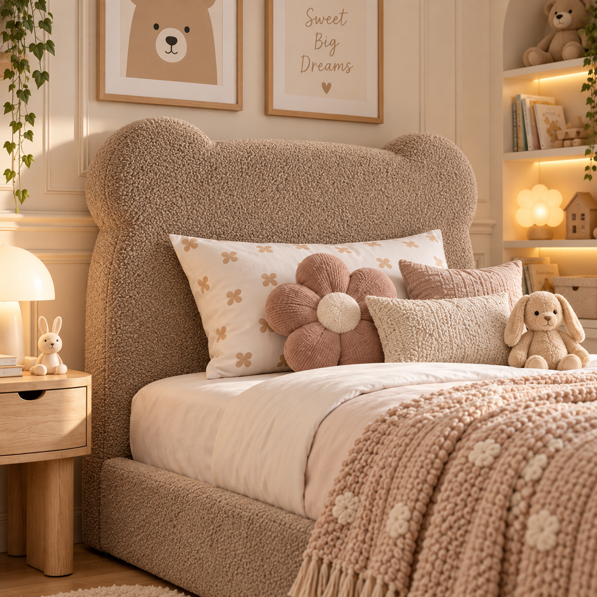 Kids Teddy Bear Divan Bed in Boucle Teddy Mink with Optional Side Drawers