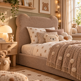Kids Teddy Bear Divan Bed in Boucle Teddy Mink with Optional Side Drawers