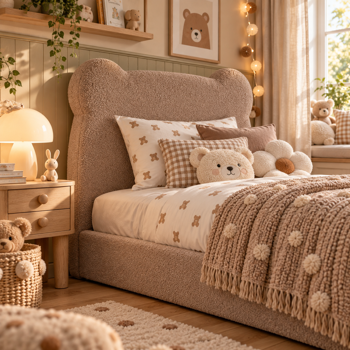 Kids Teddy Bear Divan Bed in Boucle Teddy Mink with Optional Side Drawers