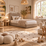 Kids Teddy Bear Divan Bed in Boucle Teddy Mink with Optional Side Drawers