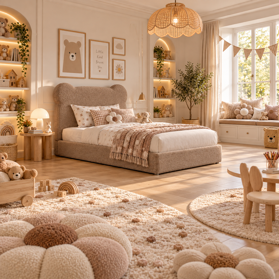 Kids Teddy Bear Divan Bed in Boucle Teddy Mink with Optional Side Drawers