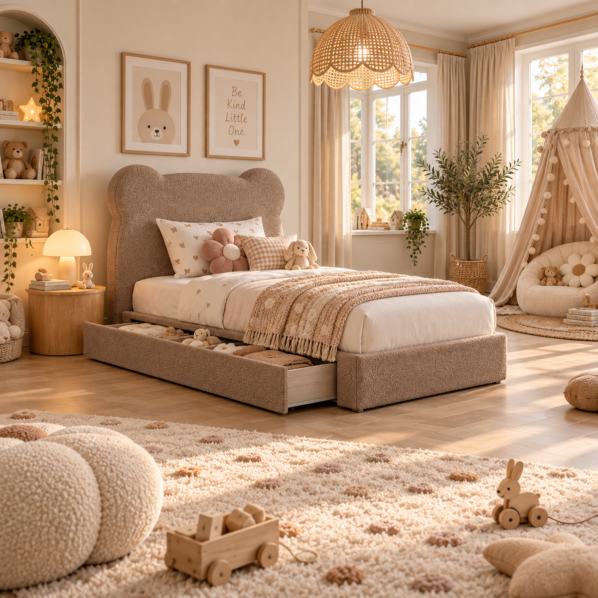 Kids Teddy Bear Divan Bed in Boucle Teddy Mink with Optional Side Drawers