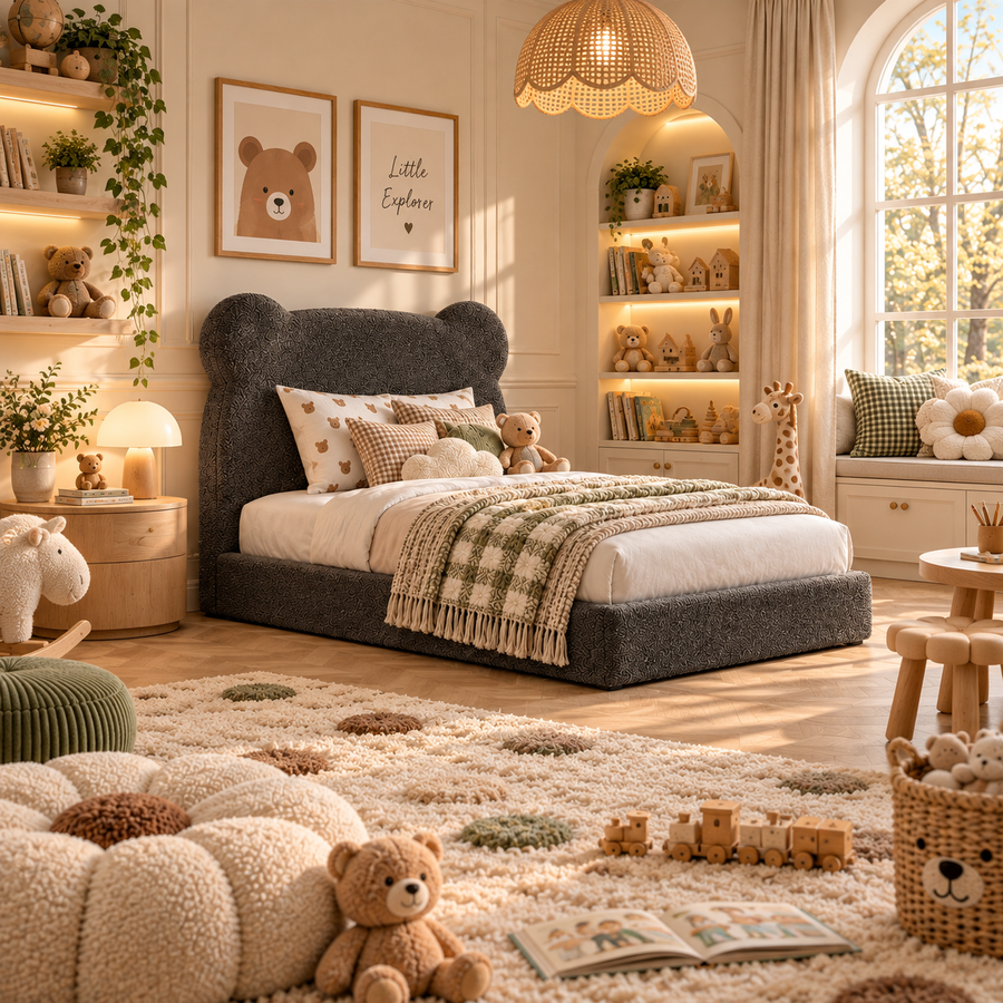 Kids Teddy Bear Divan Bed in Boucle Teddy Charcoal with Optional Side Drawers