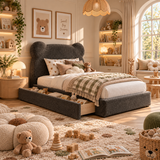 Kids Teddy Bear Divan Bed in Boucle Teddy Charcoal with Optional Side Drawers
