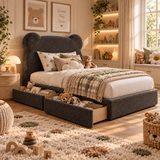 Kids Teddy Bear Divan Bed in Boucle Teddy Charcoal with Optional Side Drawers