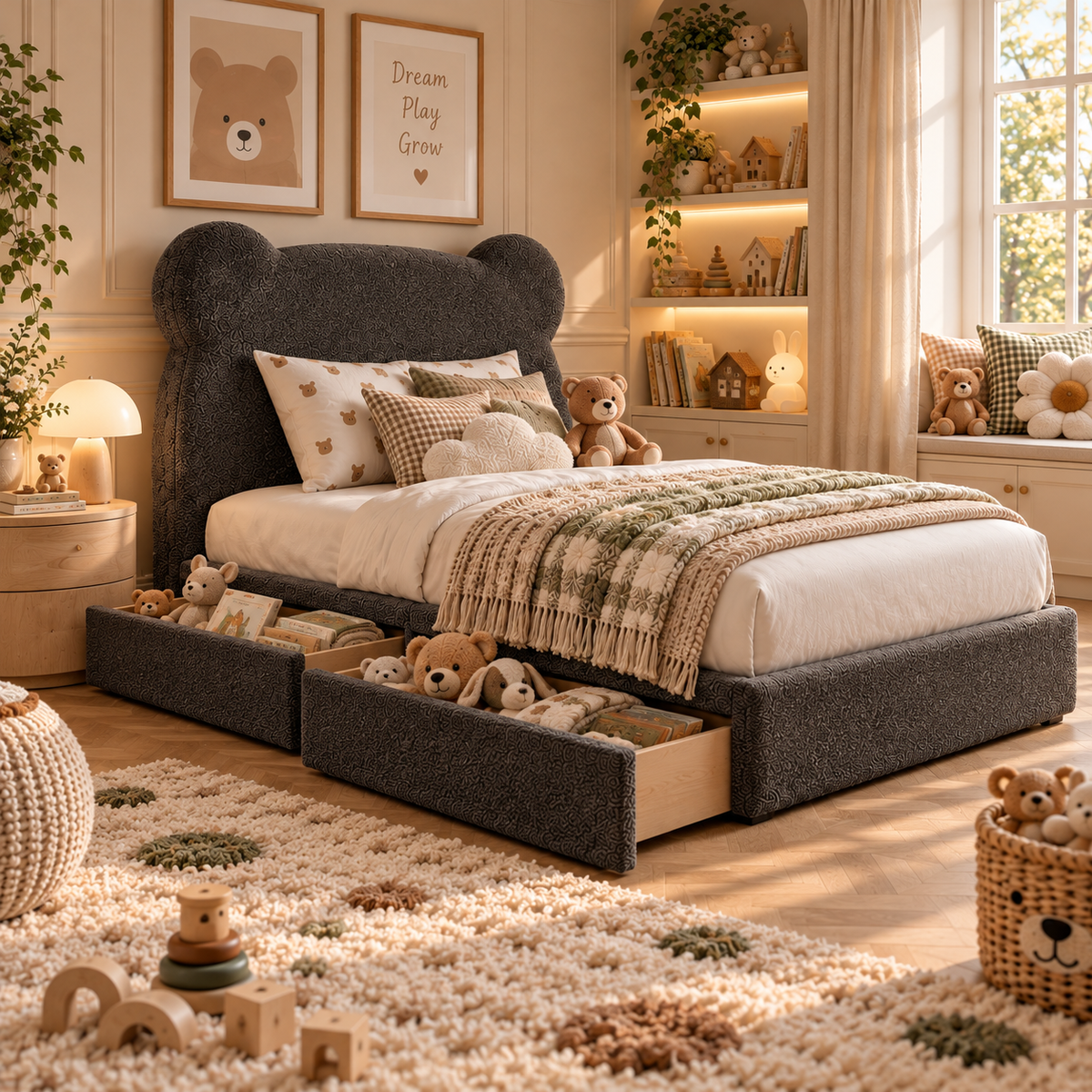 Kids Teddy Bear Divan Bed in Boucle Teddy Charcoal with Optional Side Drawers